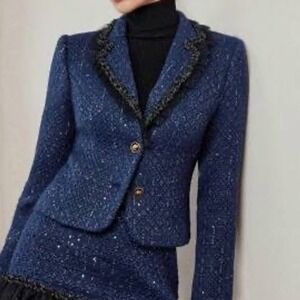 NEW MOTF Sequined Blue Lg Tweed Blazer Jacket Sparkle Embellished Collar